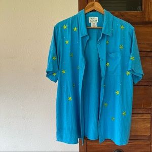 Bright blue large linen blend button up quirky Y2K